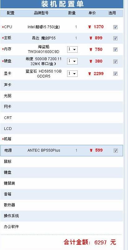 PS电脑主机配置清单及价格详解